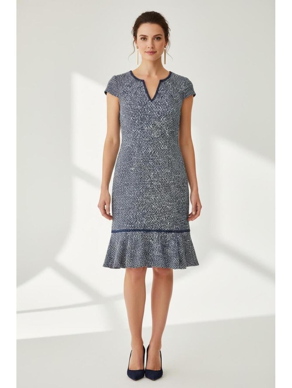 NWT Karl Lagerfeld Paris Blue & White Tweed Cap Sleeve Flounce Hem Dress, Sz 10